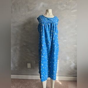Blue Sleeveless House Patio Dress Yellow & White Floral Pattern Apron Lounger L